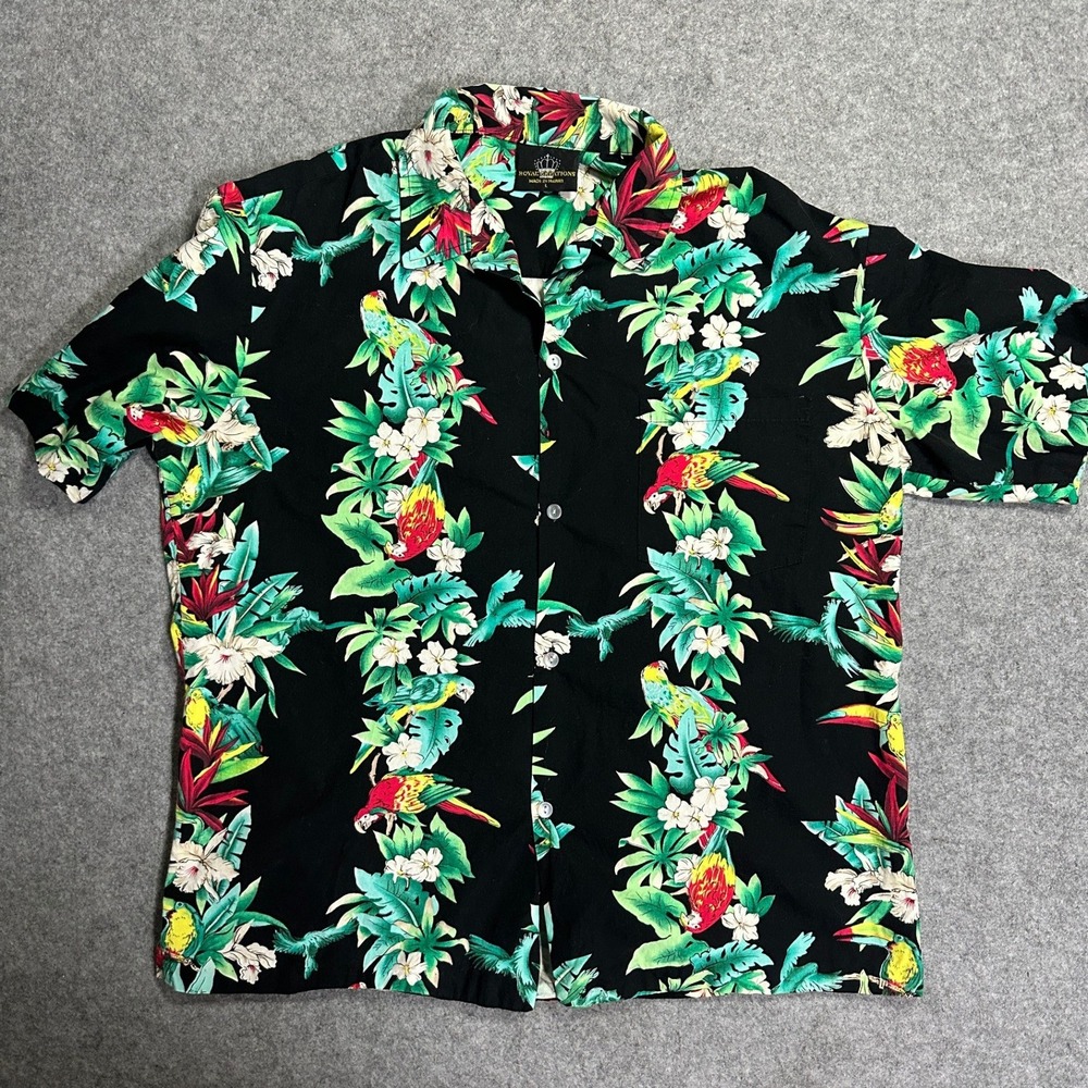 Royal Creations Tropical Hawaiian Shirt Large Black Parrot Toucan Print Cotton